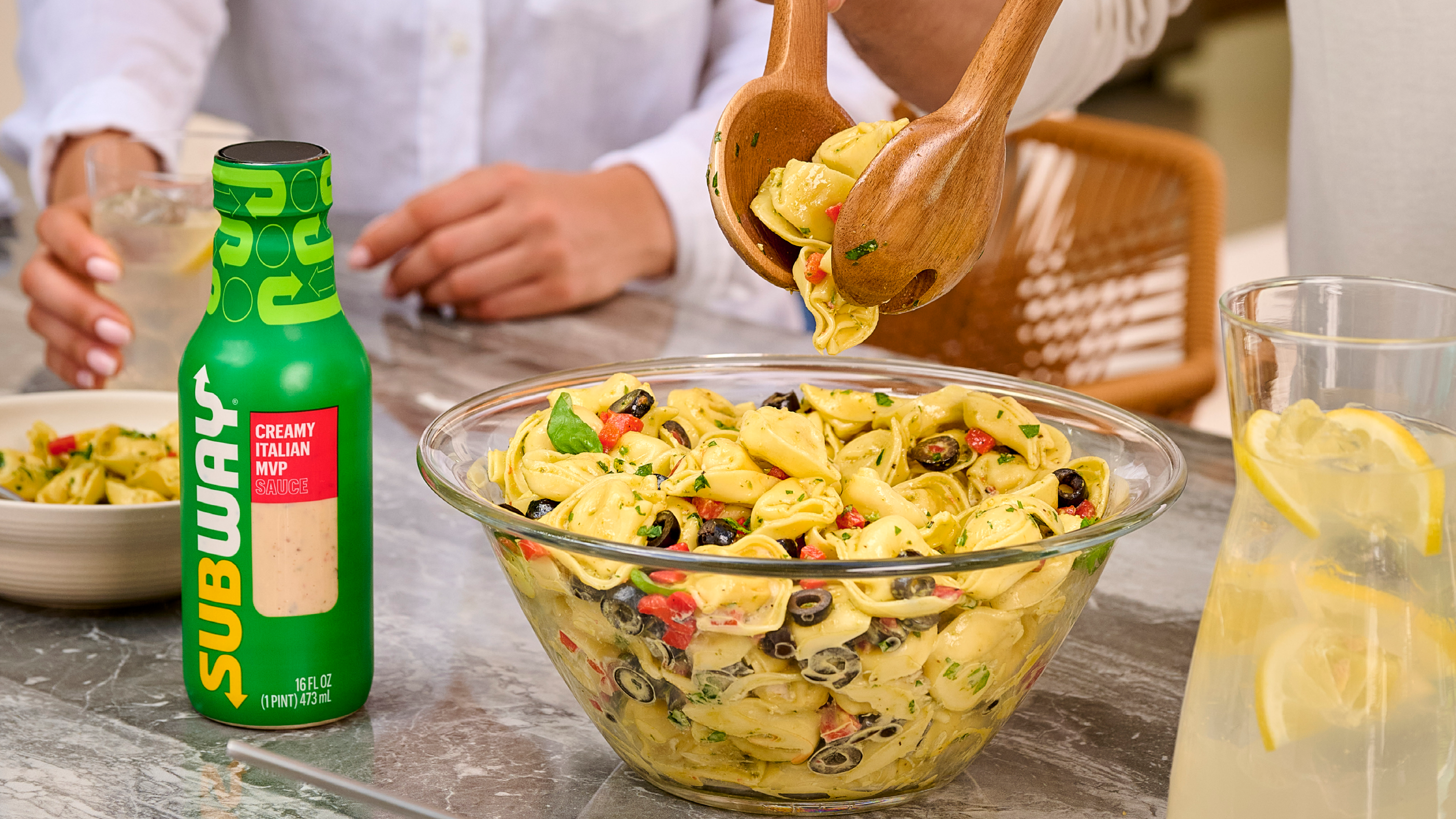 Subway Creamy Italian MVP sauce bottle with tortellini salad