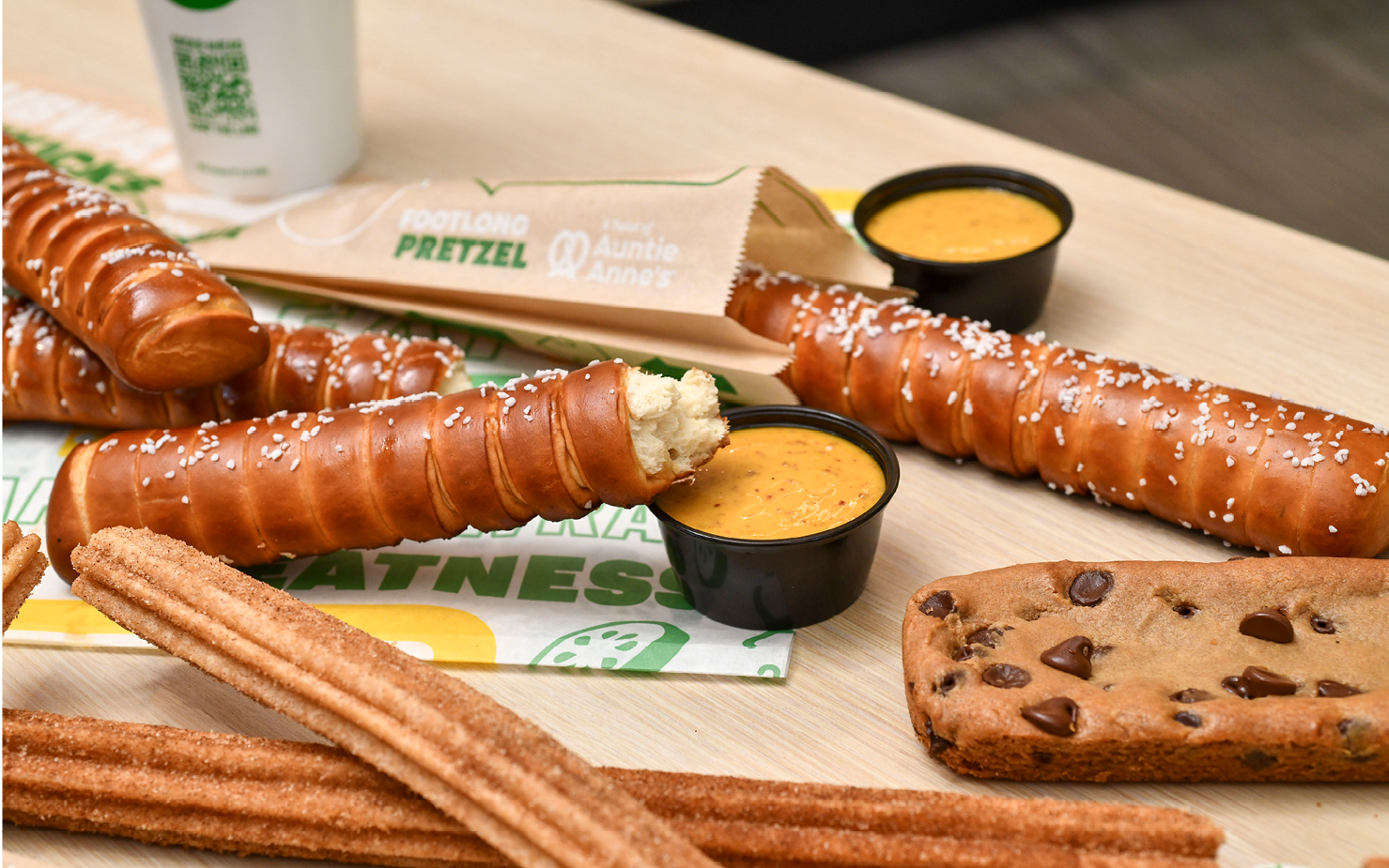 Subway fresh footlong pretzels with dips and cookies
